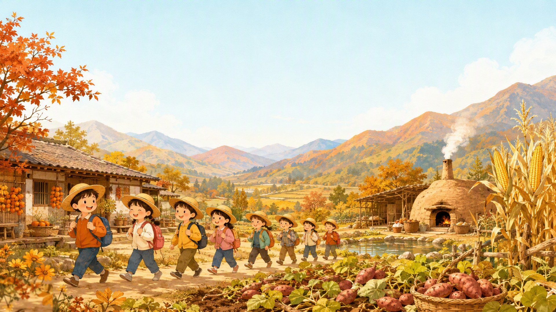 秋日山谷农场的丰收全景插画：金色田野、谷堆与远山