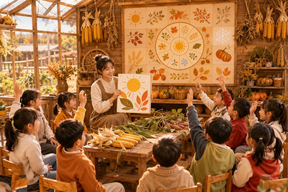 A 站节气课堂插画：棚区里孩子们围着节气挂图上课