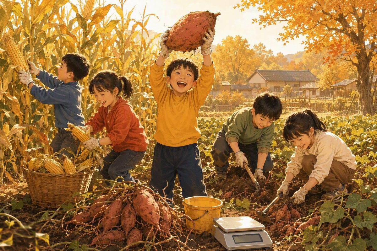 B 站秋收劳动插画：孩子们在菜园里掰玉米、刨红薯