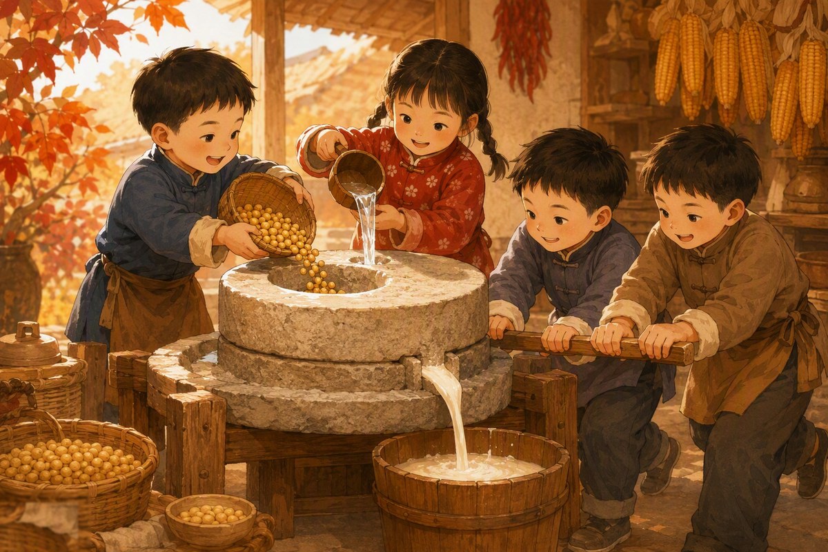 C 站石磨豆浆插画：四个孩子合力推石磨，白浆流出