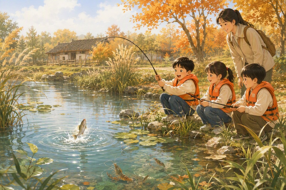 E 站池塘垂钓插画：孩子们穿着救生衣在池塘边钓鱼